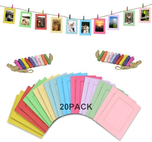 Paquete de 20 marcos de fotos de papel multicolor de 4 x 6 pulgadas con cuerda para colgar y clavijas para pancarta de fotos, exhibición y decoración de eventos