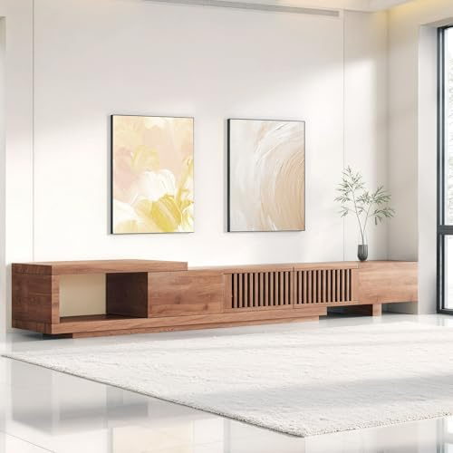 Extendable TV Unit in Walnut 200-262cm Wooden Media Console with Drawers | Adjustable Long TV Stand Cabinet with Storage for 65 75 85 Inch Television,for Lounge, Bedroom & Apartment