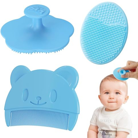 3 Pcs Baby Brush, Baby Cradle Cap Brush, Silicone Baby-Comb | Soft Flower Small Thin Baby-Brushs for Bathing Newborns & Toddlers(COLOR:Blue)