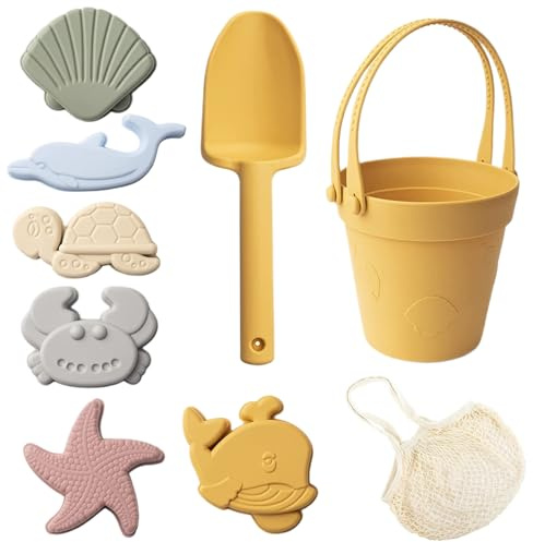 Hperu Silikon-Strandspielzeug, 8-teiliges, sicheres, ungiftiges Silikon-Sandspielzeug-Set mit Schaufel, Eimer und Formen, wasserdichter Strand für Kinder, Outdoor-Reisen, Sommer-Sandkasten-Spielen