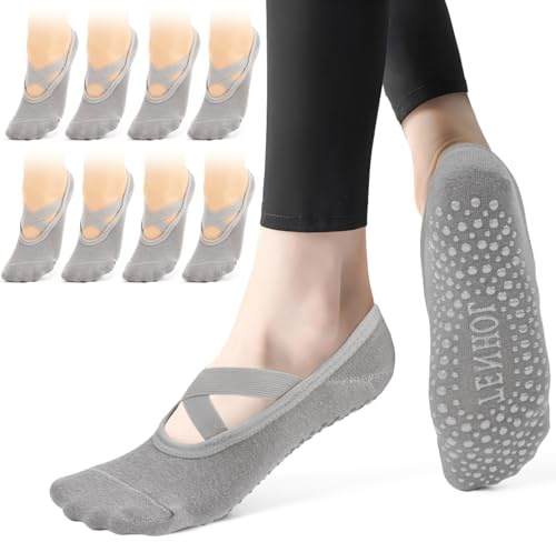 Bafiwu 4 Pares Calcetines Pilates Antideslizantes,Mujer Transpirables Yoga Antideslizantes Calcetines para Pilates Reformer Pilates, Yoga, Ballet, Danza 35-40