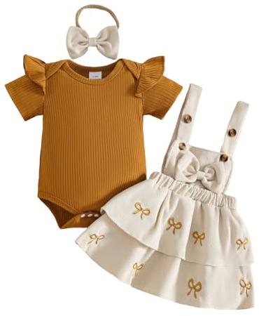 JENJON Completo Estivo per Bambina Top a Coste a Maniche Corte + Velluto a Coste Fiocco con Bretelle Abito + Fascia per Capelli 3 Pezzi Abbigliamento Bambine Set 3Pcs Fiocco beige 3-6 Mesi