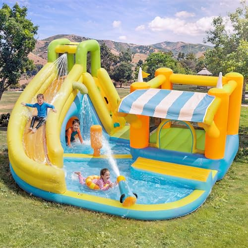 Aufblasbare Wasser-Hüpfburg mit 10-in-1 Spielstationen – Wasserrutsche, Trampolin, Planschbecken, 450W Gebläse, Garten, 433x375x165 cm