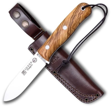 Joker Jaktkniv Trampero CO113, olivträhandtag, bälteskniv med 10 cm blad av SANDVIK 14C28N, brun läderslida, verktyg för fiske, jakt, camping och vandring