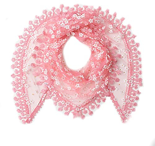 GFM® Women's Summer Triangle Scarf-Mantilla- with Lace and Tassels -Baby Pink - (TRI-2100-BGLB)