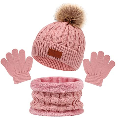 MIVAIUN Rose 3 Pièces Bonnet Enfant Hiver Tricoté Tour de Cou Chaud Enfant Gants Hiver Ensemble Set Accessoires pour Filles Bonnets Tricotés Écharpes en Tricot Taille pour Filles 3-8 Ans (3-8 Ans)