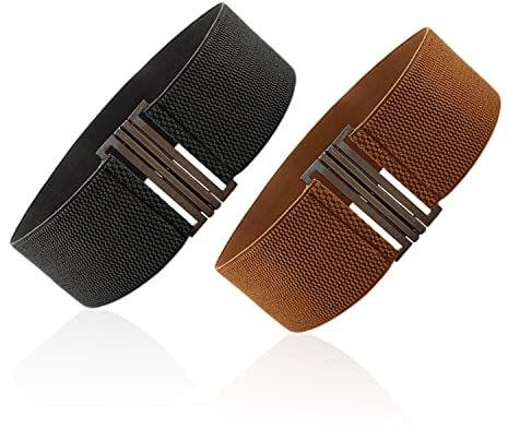 TIANNAIT 2 elastiskt midjebälte för kvinnor, brett midjebälte för kvinnor, klassiskt vintagebälte, elastiskt midjebälte, dambälte, 60 cm långt, 80 cm brett, svart och kamel., Svart och kamel,