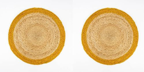2 pz Tovaglietta Americana Rotonda in Juta, 2x Sottopiatto Tondo in Vimini Intrecciato Ø38 cm con Bordo Colorato Giallo