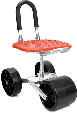 QWORK® Sgabello da giardino con ruote, sedile girevole per giardinaggio, girevole a 360 °, rosso, regolabile in altezza, per la casa e il giardino