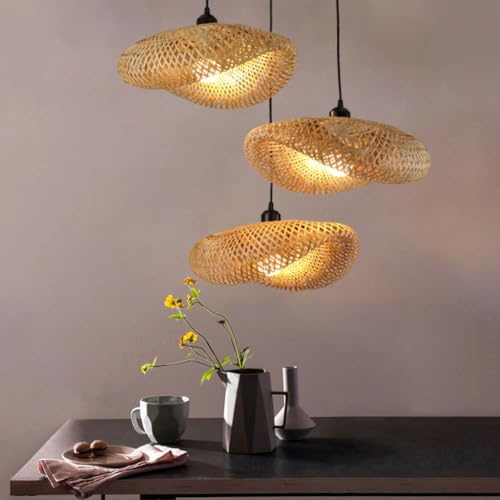 Lámpara Colgante De Ratán Boho 3 Luces - Lámpara De Cesta De Bambú Retro Con Pantalla Tejida A Mano De Estilo Bohemio - Para Sala De Estar, Comedor y Cocina