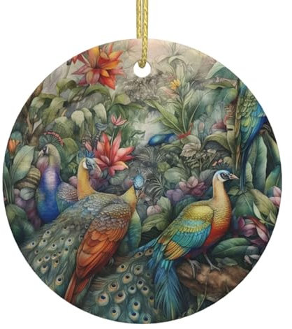 Aquarell Pfauen Blumen Weihnachtsschmuck Weihnachtsschmuck Weihnachtsbaum Hängende Ornamente Runde Keramik Festliches Andenken Geschenk für Weihnachtsdekorationen Urlaub Zuhause Party Dekorationen