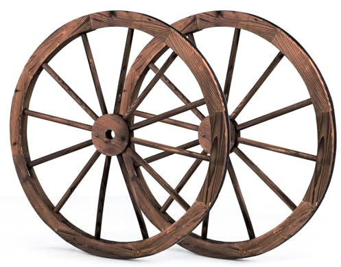 GiantexUK 2 PCS 76CM Wagon Wheels, Decorative Wooden Wheel with Metal Rim, Vintage Rustic Round Hanging Cartwheel Decor for Outdoor Indoor Garden Farmhouse Garage