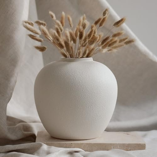TheCozyBay White Ceramic Vase – 20cm Round Flower Vase, Minimalist Leak-Proof Design with Soft Pads, Modern Decorative Home Accessories for Living Room