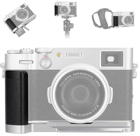 JJC Dedicated Metal Hand Grip L Bracket Anti-Slid Holder for Fujifilm Fuji X100V X100F Camera, Arca Swiss Type Quick Release Tripod Plate Design w/Battery Compartment Opening(Not Fits X100VI) Sliver