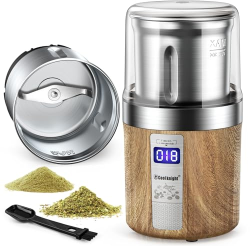 COOL KNIGHT Herb Grinder, Spice Grinder, Electric Grinder with Timer, 304 Stainless Steel Blades and Removable Stainless Steel Bowl, Large Capacity for Quick Grinding of Spices,Herbs,Coffee Beans,etc