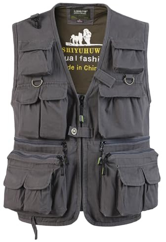 SUSHIMIAN Gilet da Pesca da Uomo Multi-Tasche Giubbotti Senza Maniche da Lavoro Gilet da Caccia Fotografia Gilet Sportivo da Trekking, Grigio, L