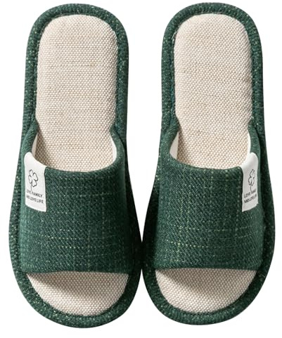 Colexy Hausschuhe Sommer Leinenhausschuhe atmungsaktiv Gästehausschuhe, drinnen Slippers Rutschfeste für Damen Herren zu Hause Hotel (Grün,38-39)