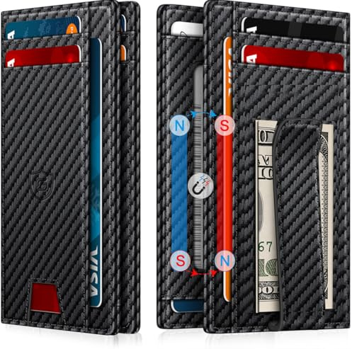 Gtwup Wallet for Men 14-16 Cards, Men's Leather Wallet, Minimalist Thin Card Holder RFID Blocking Money Clip with Simplified Bill Folder & Magnetic Closure, Gifts for Men, Carbon Fiber
