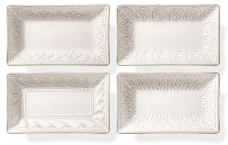 Artena Ceramic 8.25 Inch Rectangle Salad Plates Set of 4 - Deep Plates for Appetizer, Dessert, Dinner, Sushi, Snack, Pasta, Serving - Microwave Safe with Embossed Rim Design (Multiple Patterns)