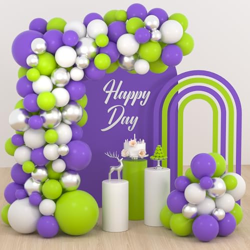Limettengrün-Lila-Weiß-Silber-Ballongirlanden-Set – 122 Stück grün-violett-weiße Ballons, metallisch-silberne Ballons für Jungen und Kinder, Buzz Lightyear-Weltthema, Geburtstags-Babyparty-Dekoration