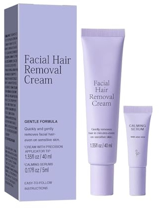 Facial Hair Removal Cream for Women, Ladies Body and Face Hair Remover Cream for Sensitive Skin, Upper Lip, Chin & Cheeks + Calming Serum, 8-Minute Fast Acting Gentle Painless Depilatory Creams kit
