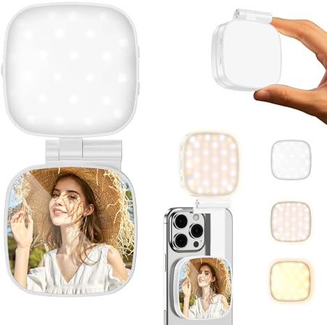 CloudValley Luce Selfie Magnetica con Specchio, Ring Light LED Portatile 3-in-1 per iPhone & Android, Supporto Pieghevole Ricaricabile, Illuminazione Beauty per Video, Foto & Streaming, Bianco
