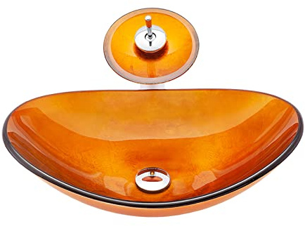 PUFAHAU Lavandino da Appoggio per Bagno, Lavabo da Appoggio in Vetro, Lavabo da Appoggio Ovale, Lavabo Artistico con Rubinetto A Cascata in Ottone, Scarico A Scomparsa Cromato
