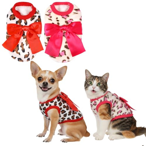 2Pcs XXS Dog Sweater for Small Dogs, Leopard Fleece XXS Dog Clothes Kitten Sweater Boys Girls Tiny Outfits, Winter Warm Puppy Clothes for Chihuahua Teacup Yorkie Cat Extra Small Dogs Costume(Pink+Red)