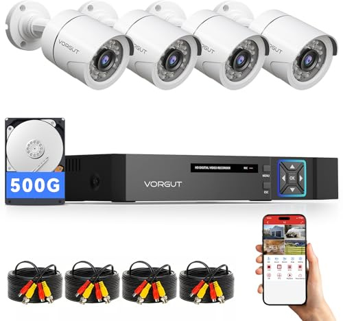 VORGUT Wired Security Camera System Outdoor with 4pcs 1080P Waterproof Security Camera, 4CH AHD DVR with 500G HDD Indoor/Outdoor Surveillance DVR Kit, IR Night Vision, Motion Detection, 24/7 Record