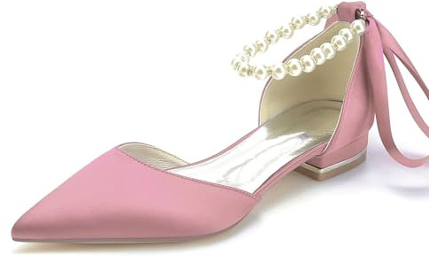 Women’s Low Heel Wedding Shoes, Pointed Toe Satin Bridal Pumps with Ankle Strap, Comfortable Kitten Heel Dress Flats
