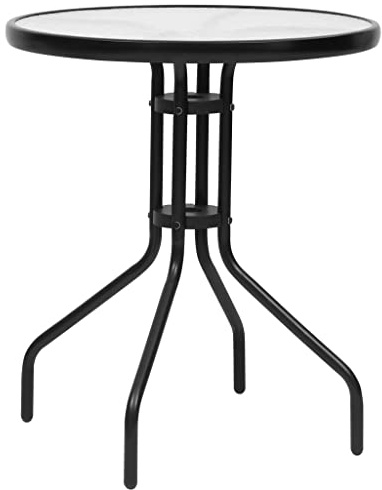 HGBNMER Portable Round Garden Dining Table 23.6 Inch Diameter Black Steel Frame with Tempered Glass Top for Outdoor Dining and Indoor Use
