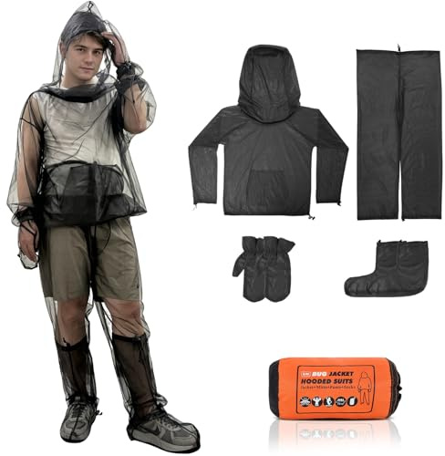 HOMEYA Bug Jacket S/M, Anti Mosquito Netting Suit with Zipper on Hood Ultra-fine Mesh Pants Mitt Socks with Free Carry Pouch for Protecting Hunting Fishing Men Women