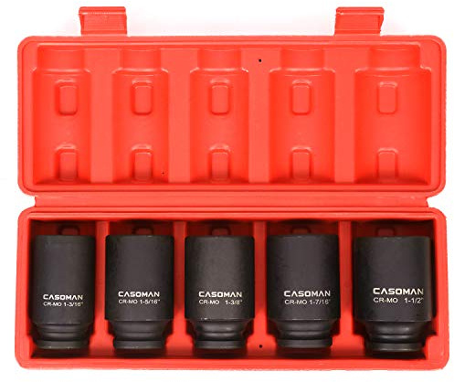 CASOMAN 1/2-Inch Drive Deep Spindle Axle Nut Impact Socket Set, 1/2 Drive Deep Impact Socket Set, Inch, Cr-Mo, 6-Point, 1-3/16-Inch - 1-1/2-Inch, 5 Piece Axle Socket Set