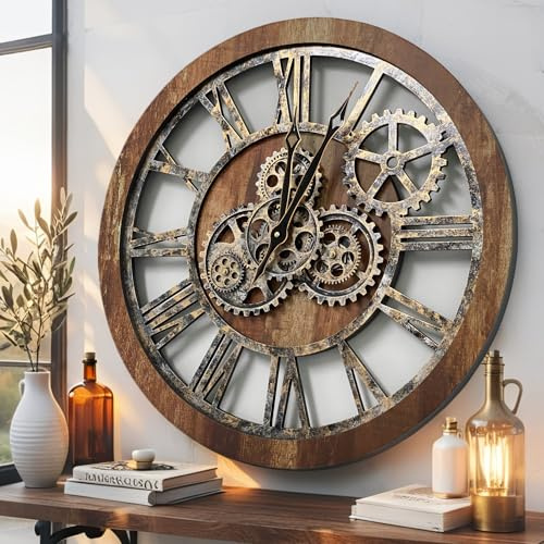 ImprovingLife The Original Real Moving Gear Wall Clock Vintage Industrial Oversized Rustic Farmhouse (24 inch (60cm), Vintage Brown)