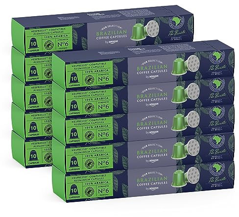 by Amazon Brazilian Coffee Nespresso Compatible Aluminium Pods, Medium Roast, 100 Count, (10 Packs of 10) - Rainforest Alliance Certified