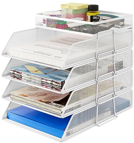 TQVAI 4-nivåers brevfack skrivbord prydlig organiserare, pappersbrickor för skrivbord, stapelbar, skrivbordsorganiserare, tidningsfilhållare, vit, 25 B x 33,5 D x 30,7 H cm (TQVAI-4TLTKD)