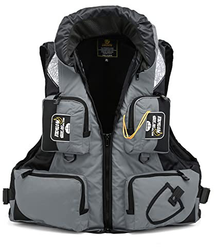 Samnuerly Multi-Pocket-Angel-Rettungswesten, multifunktionale Weste für Erwachsene, verstellbare Kanu-Kajak-Schlauchboot-Segel-Schwimmhilfe für Männer/Frauen, Grau, XL (1221SUNY)