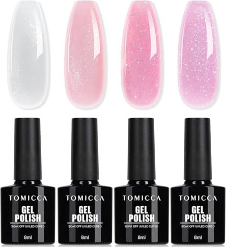 TOMICCA Semi-permanenter Nagellack, 4 Farben (transparent, Rosa, Weiß), Pailletten, UV-Gel-Lack, Soak-Off, UV/LED, 8 ml