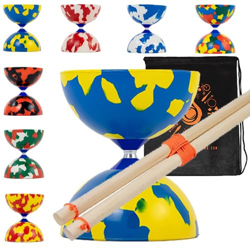 Jester Diabolo Set con bacchette in legno, set professionale in gomma con bacchette in legno e borsa per il trasporto a cascata (blu e giallo)