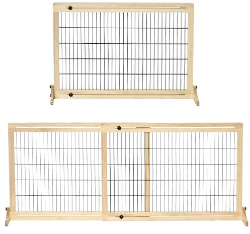 PawHut Hunde Absperrgitter aus Holz, Ausziehbares Türschutzgitter mit Fußstütze, Freistehendes Hundegitter, Treppenschutzgitter, Hundeabsperrgitter für Kamin, Ofen, Natur, 104-183 x 36 x 69 cm