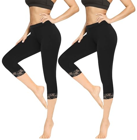Geyuwoz 2 Paia Leggings Donna 3/4 Leggins Sportivi Donna in Cotone Pantaloni Capri Donna Estivi Pancia Opaco Pizzo Leggings Yoga Elastici Morbido per Sportivi o Casual Neri BL M