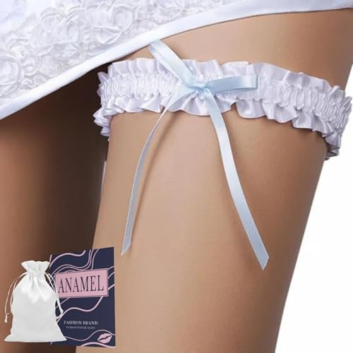 ANAMEL Liga de Novia Blanco con Lazo Azul - Liga Novia Talla Única - Accesorio Nupcial Elegante Azul