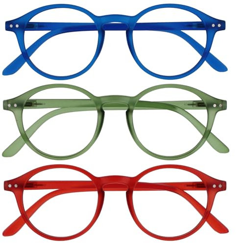 OPULIZE REY Reading Glasses - 3-Pack - Retro Round Frame - Matt Blue, Green, Red - Mens Womens - Spring Hinges - RRR56-36Z - +3.00