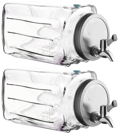 Juego de 2 Dispensador de Bebidas con Grifo 3 L, Recipiente Transparente de Cristal, Botella Bebidas de Vidrio con Tapa y Cierre Giratorio - JUANIO-