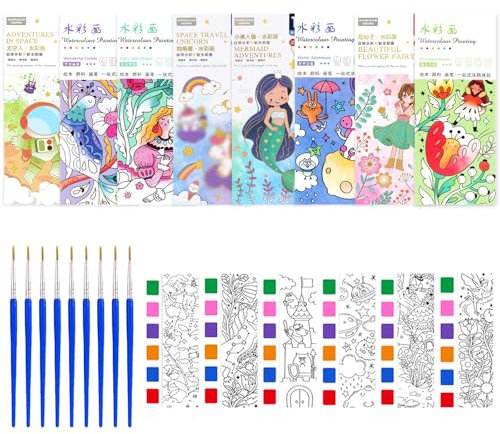 BORISCA Libro Mágico para Pintar con Agua y Pinceles - Set Portátil de Colorear para Niños Pequeños - 8 Piezas Acuarelas