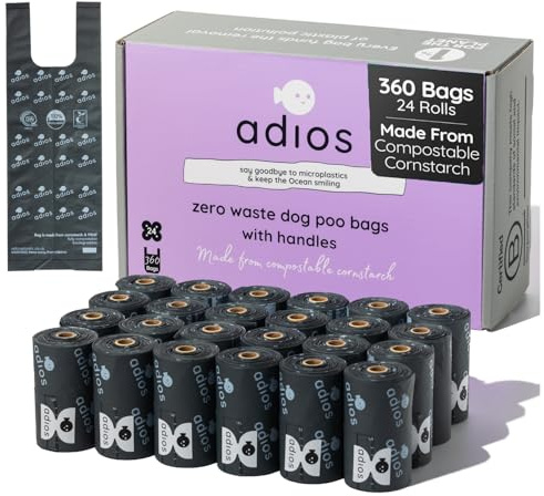 Adios Plastic Home Kompostierbare Hundekotbeutel Rollen – Extra dicke, auslaufsichere Hundekotbeutel – aus Maisstärke Hundekotbeutel mit Griffen – geruchlos & leicht zu öffnen (Grau, 360 Beutel)
