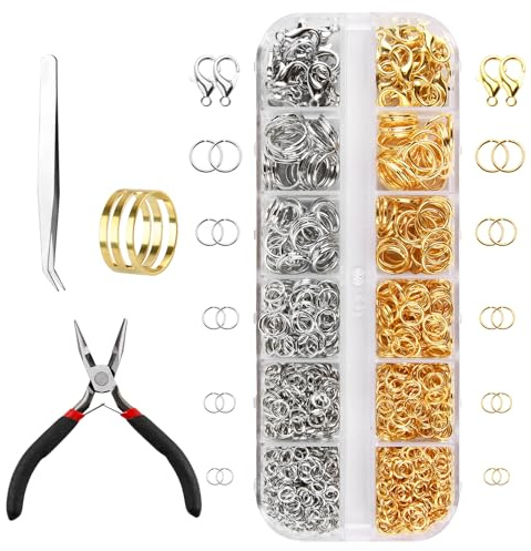 HotoPink Open Jump Rings Jewelry Making Kit, 1200 Pcs Open Jump O-Ring with Tweezers Pliers for Jewelry Necklace Bracelet Keychain Repair Handmade DIY Accessory Tools