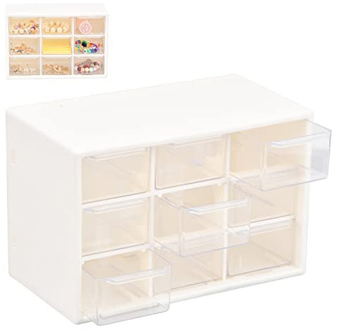 Cassettiera Portaoggetti in Plastica, Cassetti in Plastica Bianca, Contenitore Portaoggetti per Artigianato con 9 Cassetti Trasparenti per Riporre Perline, Utensili, Medicine, Viti e Piccole Parti