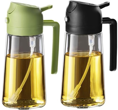 Huilaimi Oil Spray Bottle, Olive Oil Dispenser, 470ml, 2 Pack, 2-in-1 Kitchen Sprayer For Misting and Pouring, for Cooking, Air Fryer and BBQ, Green and Black