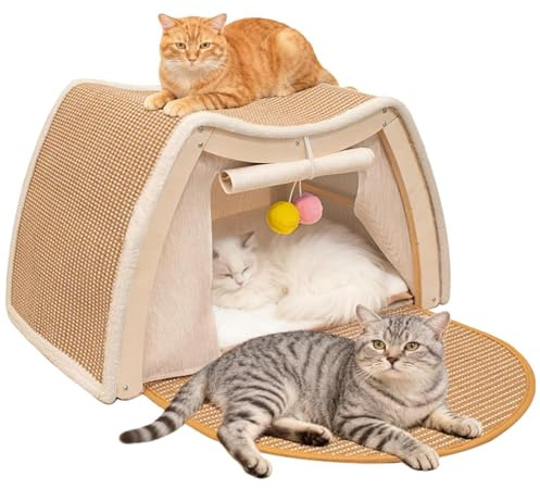 Katzenhaus Katzenhöhle Katzenzelt Kratzbrett Sisal, 3-in-1 Holz Katzenzelt Indoor & Kratzbaum Klein & Katzenbett 2 Stöckig mit Spielball, Katzenspielzeug für Katzen & Kleine Hunde (Beige, 50x40x35)